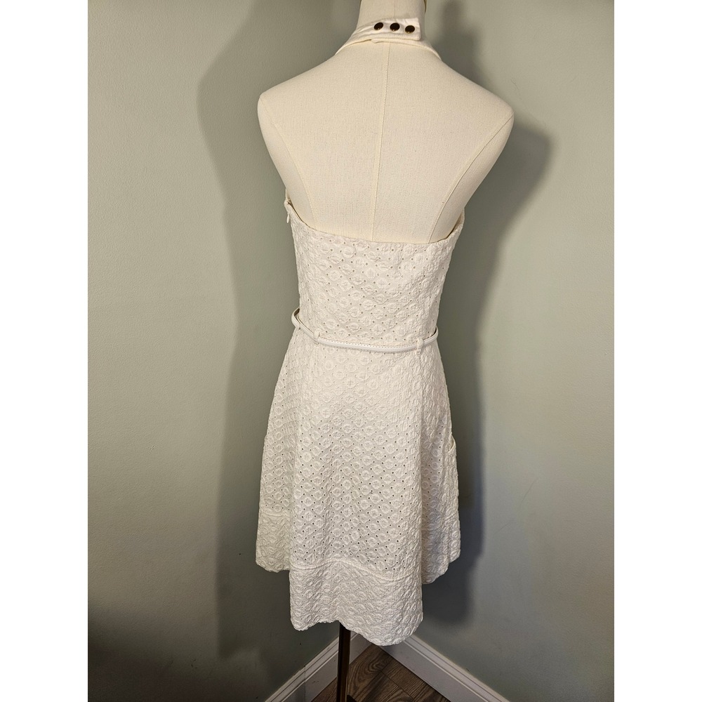 London Times White Eyelet Halter Dress with Belt and Pockets Fully Lined Size 8 - Picture 2 of 6